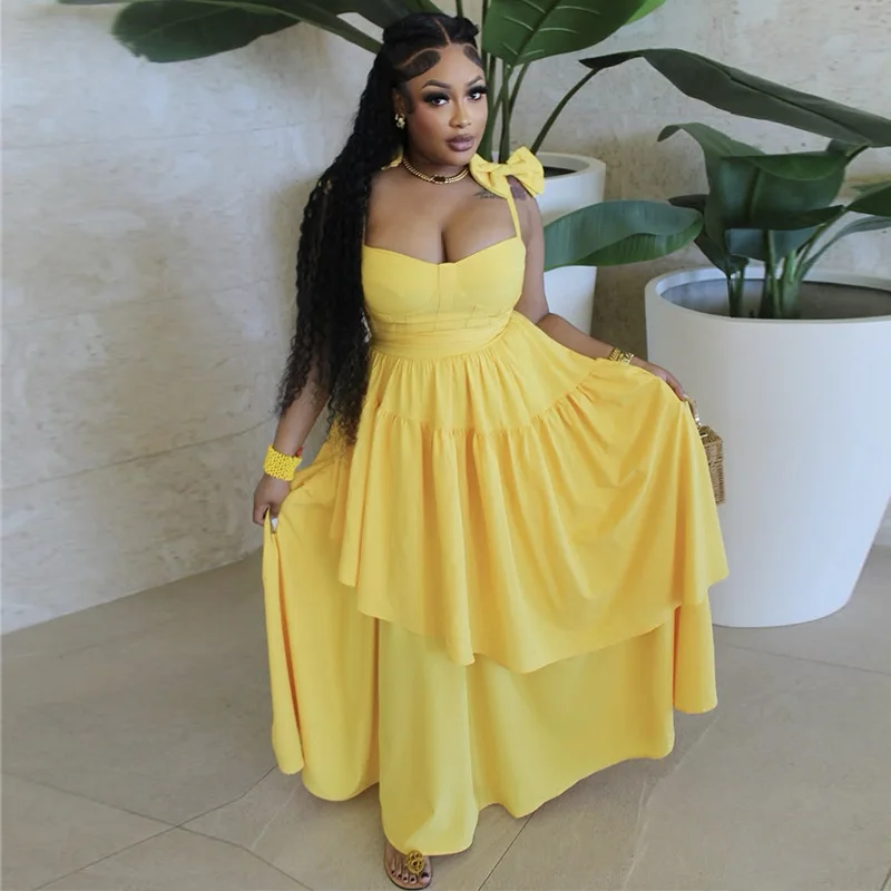 Long Dresses Women Bow Halter V Neck Ruffled Swing Yellow Elegant Party Evening Dressnew in Summer Wholesale Dropshipping
Long Dresses Women Bow Halter V Neck Ruffled Swing Yellow Elegant Party Evening Dressnew in Summer Wholesale Dropshipping