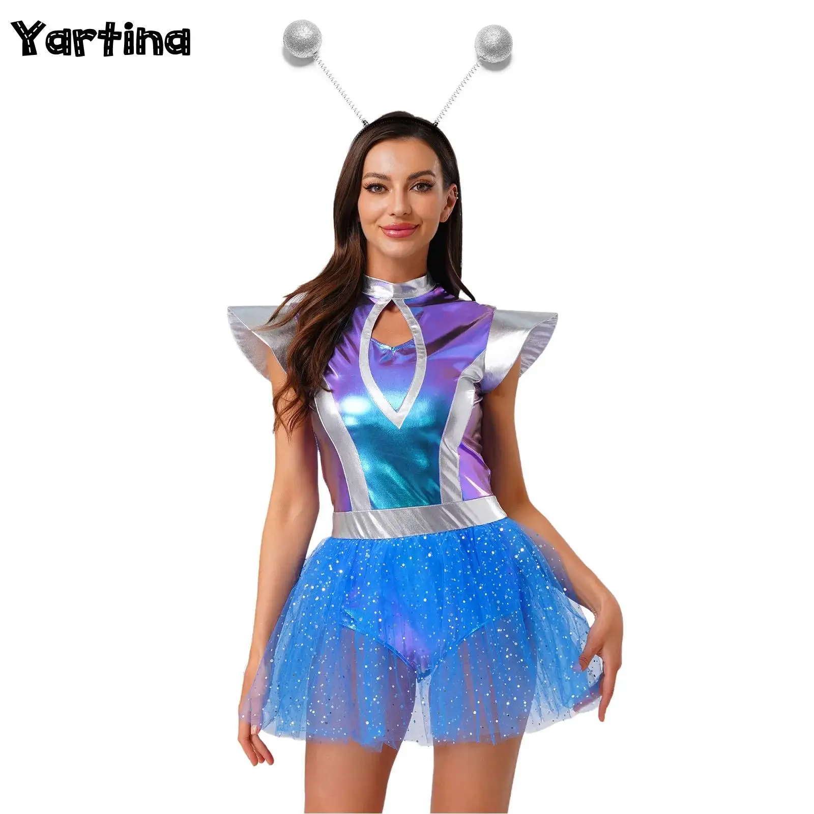 Женский костюм для косплея: Астронавт, Кадет, Космический Пришелец, Робот. Боди-платье с вырезами, металлическим блеском, тюлевым подолом и головным убором.
Женский костюм для косплея: Астронавт, Кадет, Космический Пришелец, Робот. Боди-платье с вырезами, металлическим блеском, тюлевым подолом и головным убором.