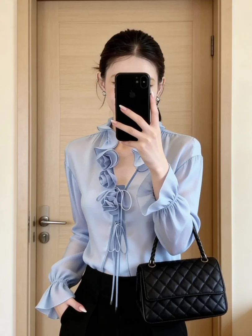 Unique Blue V-Neck Long Sleeve Chiffon Top Women's Slimming Design Spring Fashion Wood Grain French Style Waist-Cinched
Unique Blue V-Neck Long Sleeve Chiffon Top Women's Slimming Design Spring Fashion Wood Grain French Style Waist-Cinched