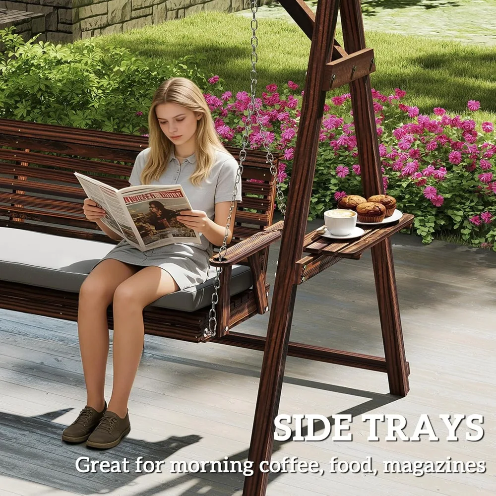 3 Seat Porch Swing with Stand, Wooden Patio Swing Chair with Cushion, Side Trays and Metal Chains, Outdoor Bench, Customized
3 Seat Porch Swing with Stand, Wooden Patio Swing Chair with Cushion, Side Trays and Metal Chains, Outdoor Bench, Customized