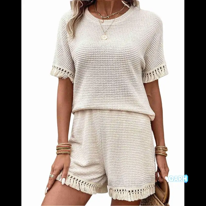 Womens Fringe Trim Textured Short Two Piece Set Waffle Tops And Short Sets 
Womens Fringe Trim Textured Short Two Piece Set Waffle Tops And Short Sets