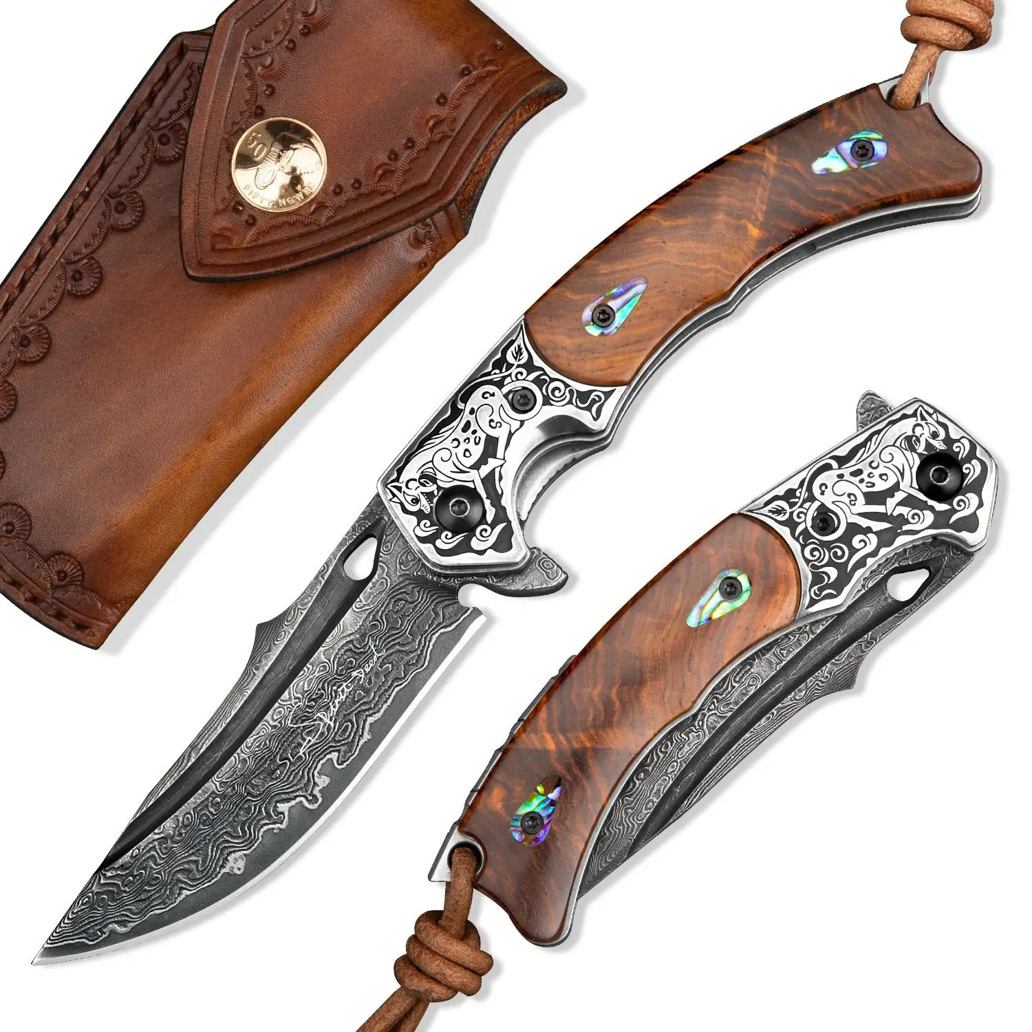 NEWOOTZ Damascus Folding Pocket Knife with Sheath Rosewood and Seashell Handle Portable EDC Knives for Survival Gift Collection
NEWOOTZ Damascus Folding Pocket Knife with Sheath Rosewood and Seashell Handle Portable EDC Knives for Survival Gift Collection