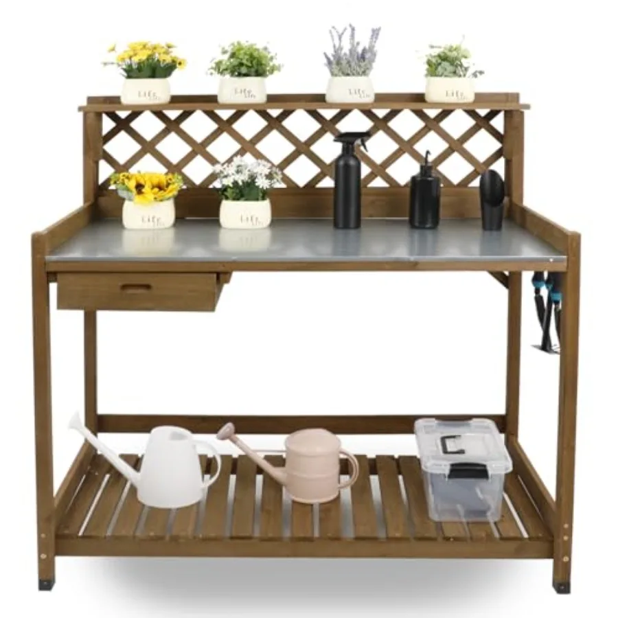 Outdoor garden potting bench with natural wood frame metal tabletop drawer large bottom shelf and open shelfnatural stained fin
Outdoor garden potting bench with natural wood frame metal tabletop drawer large bottom shelf and open shelfnatural stained fin