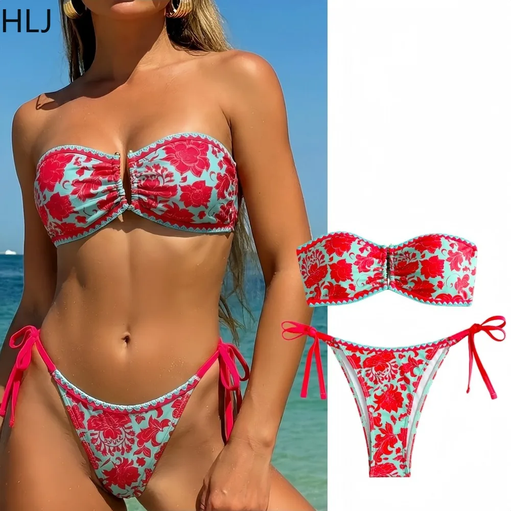 HLJ Retro Fashion Floral Print Bandeau Bikini Strapless Gathered Top and Tie Side High Cut Bottom Two Piece Swimsuit for Summer
HLJ Retro Fashion Floral Print Bandeau Bikini Strapless Gathered Top and Tie Side High Cut Bottom Two Piece Swimsuit for Summer