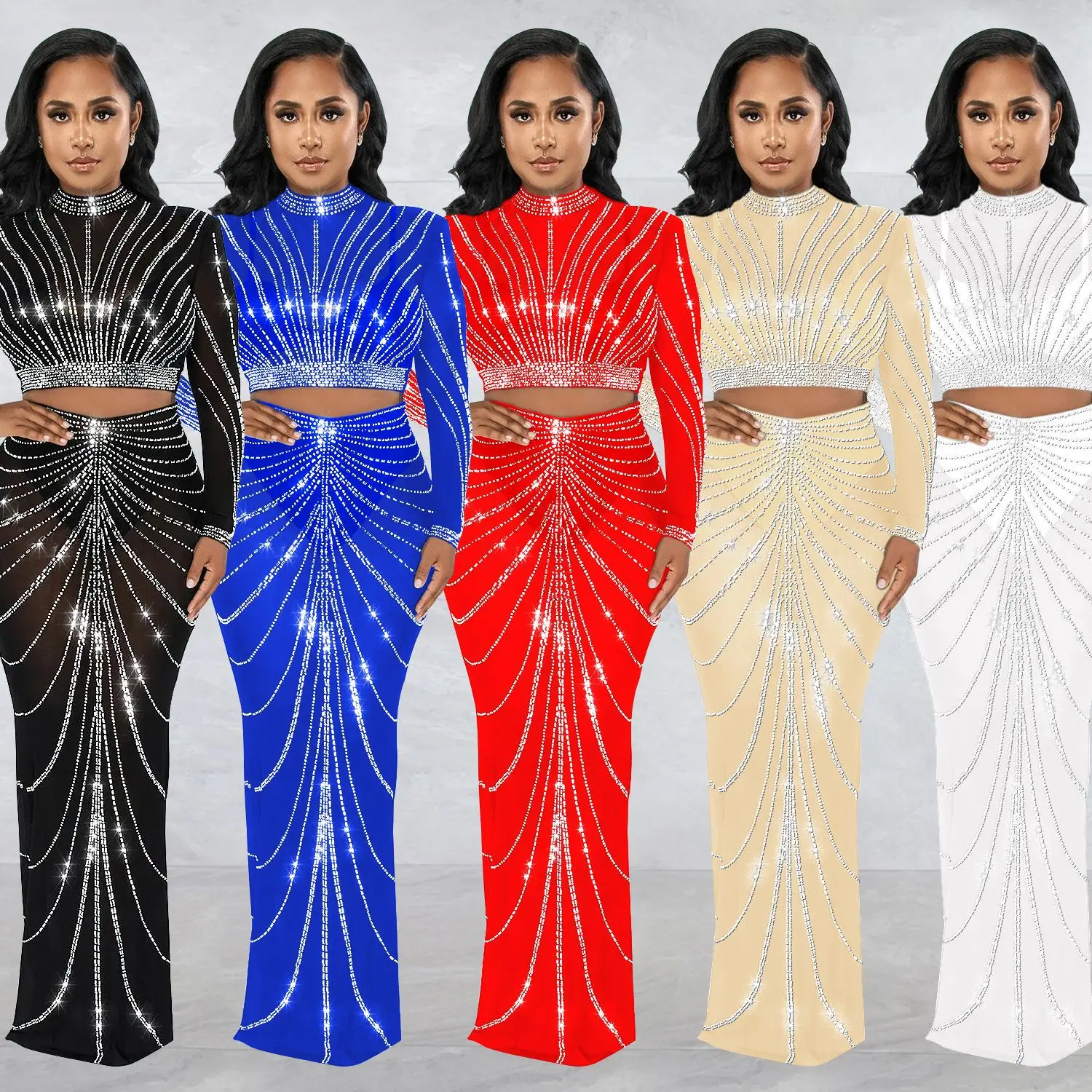 C6028 European and American fashion women's clothing mesh yarn hot diamond perspective long-sleeved long skirt two-piece set
C6028 European and American fashion women's clothing mesh yarn hot diamond perspective long-sleeved long skirt two-piece set