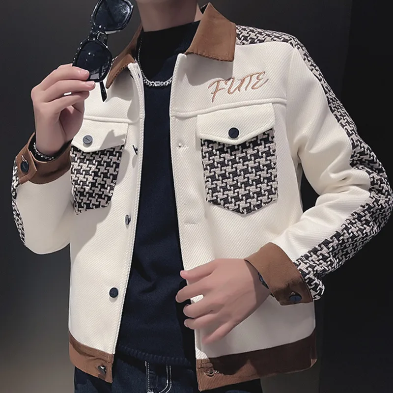 Vintage Geometric Pattern Patchwork Stitching Jacket Mens Fall Lapel Motorcycle Cotton Jacket Korean Slim British Casual Jacket
Vintage Geometric Pattern Patchwork Stitching Jacket Mens Fall Lapel Motorcycle Cotton Jacket Korean Slim British Casual Jacket