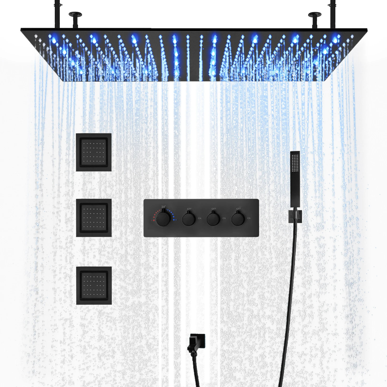 Matting black ceiling LED constant temperature shower faucet set rainfall multi -function side spray shower shower system
Matting black ceiling LED constant temperature shower faucet set rainfall multi -function side spray shower shower system