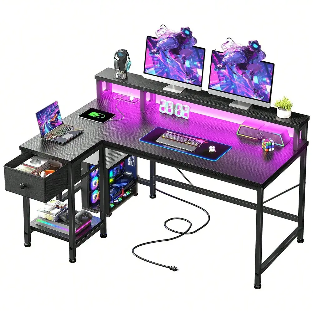 40 Black L Shaped Gaming Desk With Power Outlet,Computer Desk With LED Lights Drawer,Home Office Desk With Ergonomic Monitor St
40 Black L Shaped Gaming Desk With Power Outlet,Computer Desk With LED Lights Drawer,Home Office Desk With Ergonomic Monitor St