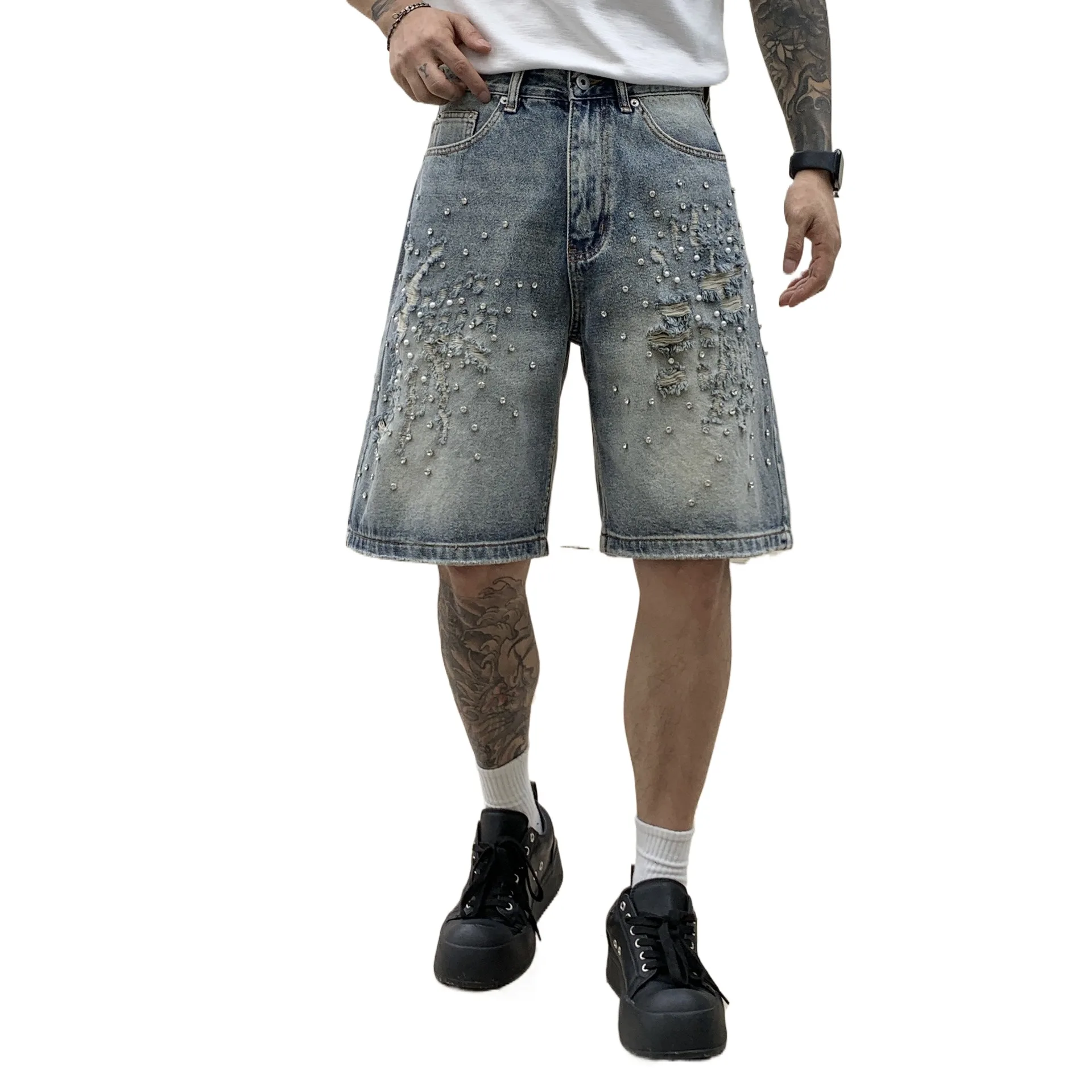 Men's High Street Ripped Short Jeans With Pearls Streetwear Distressed Denim Shorts Loose Fit Washed Shorts Hotfix Rhinestone
Men's High Street Ripped Short Jeans With Pearls Streetwear Distressed Denim Shorts Loose Fit Washed Shorts Hotfix Rhinestone