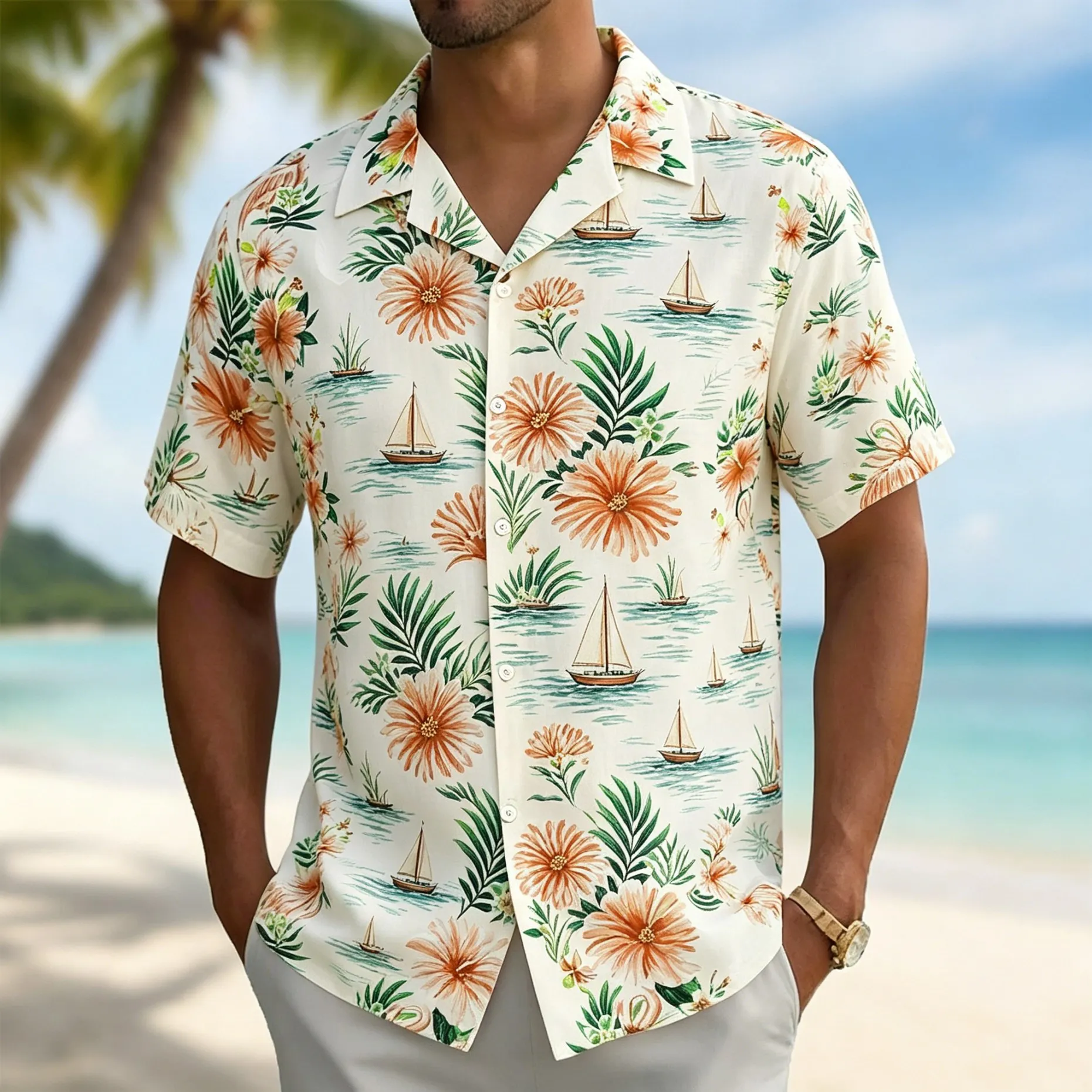 Men's Short Sleeve Button Shirt, Tropical Flower Leaf & Sailboat Water Print, for Spring Summer Beach Daily Vacation Outfits
Men's Short Sleeve Button Shirt, Tropical Flower Leaf & Sailboat Water Print, for Spring Summer Beach Daily Vacation Outfits