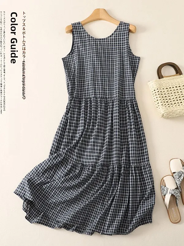 Summer Vintage Plaid Backless Strap Dress Women's Loose Long Gown V-neck Midi Dress Cool Feeling Sleeveless A-line Skirt
Summer Vintage Plaid Backless Strap Dress Women's Loose Long Gown V-neck Midi Dress Cool Feeling Sleeveless A-line Skirt