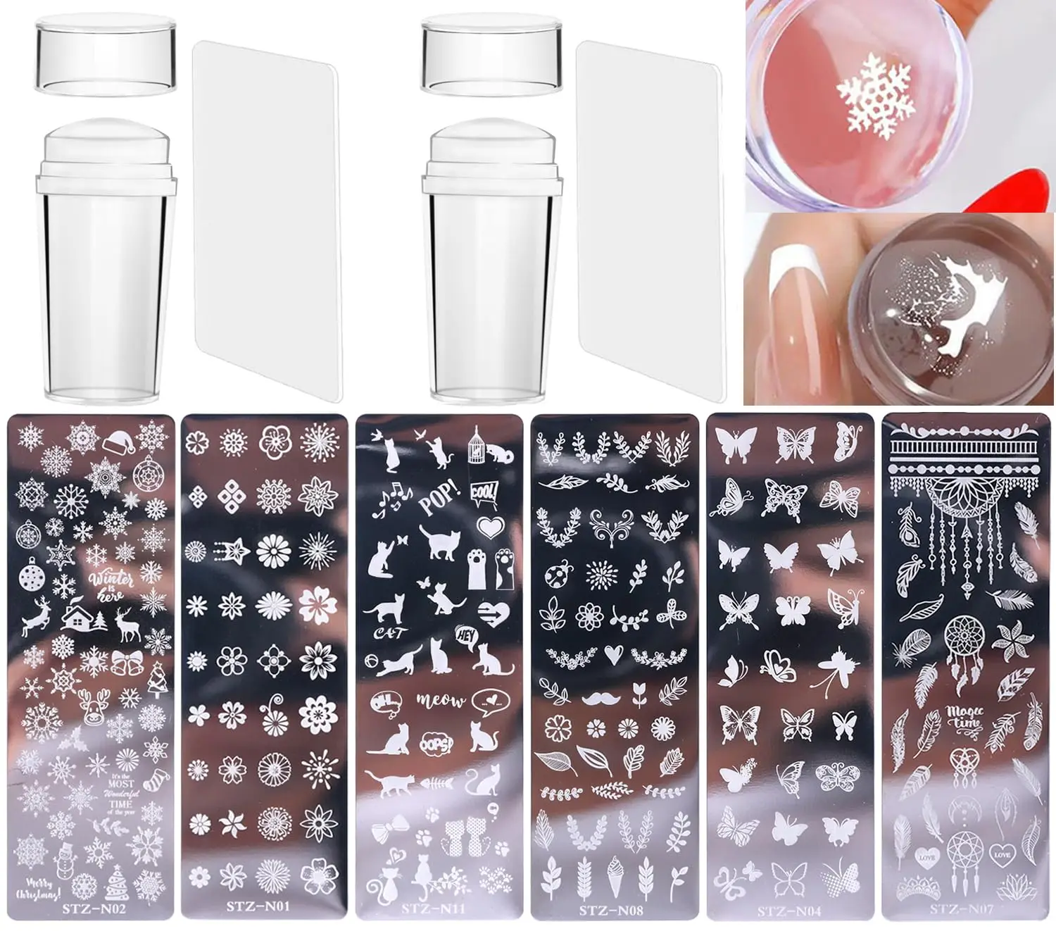 Nail Stamp Template Kit with 6 Pattern Plates, 2 Stamper and 2 Scraper for DIY French Nail Art Designs Manicure Supplies
Nail Stamp Template Kit with 6 Pattern Plates, 2 Stamper and 2 Scraper for DIY French Nail Art Designs Manicure Supplies