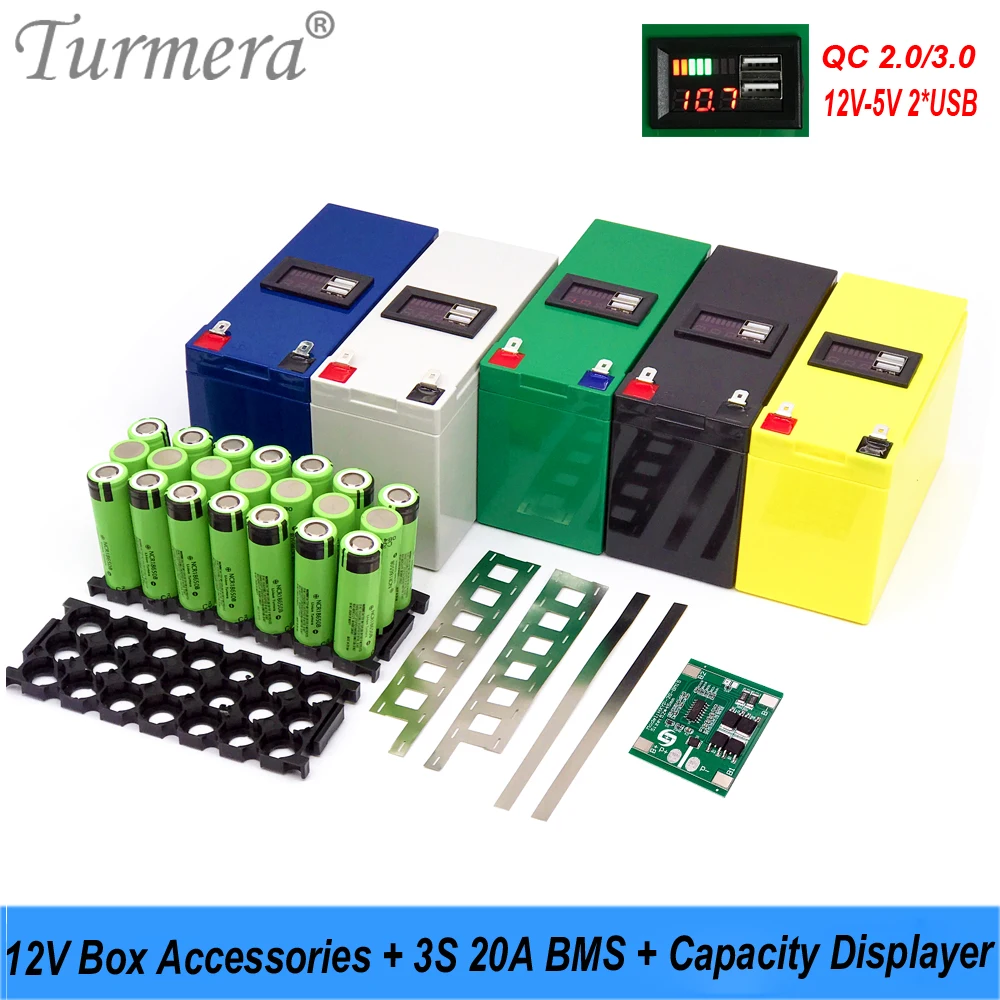 Turmera 12V Battery Box 3X7 18650 Holder 3S 20A BMS DC 12V to 5V QC3.0/2.0 2*USB Displayer for Replace Motorcycle Lead-Acid Use
Turmera 12V Battery Box 3X7 18650 Holder 3S 20A BMS DC 12V to 5V QC3.0/2.0 2*USB Displayer for Replace Motorcycle Lead-Acid Use