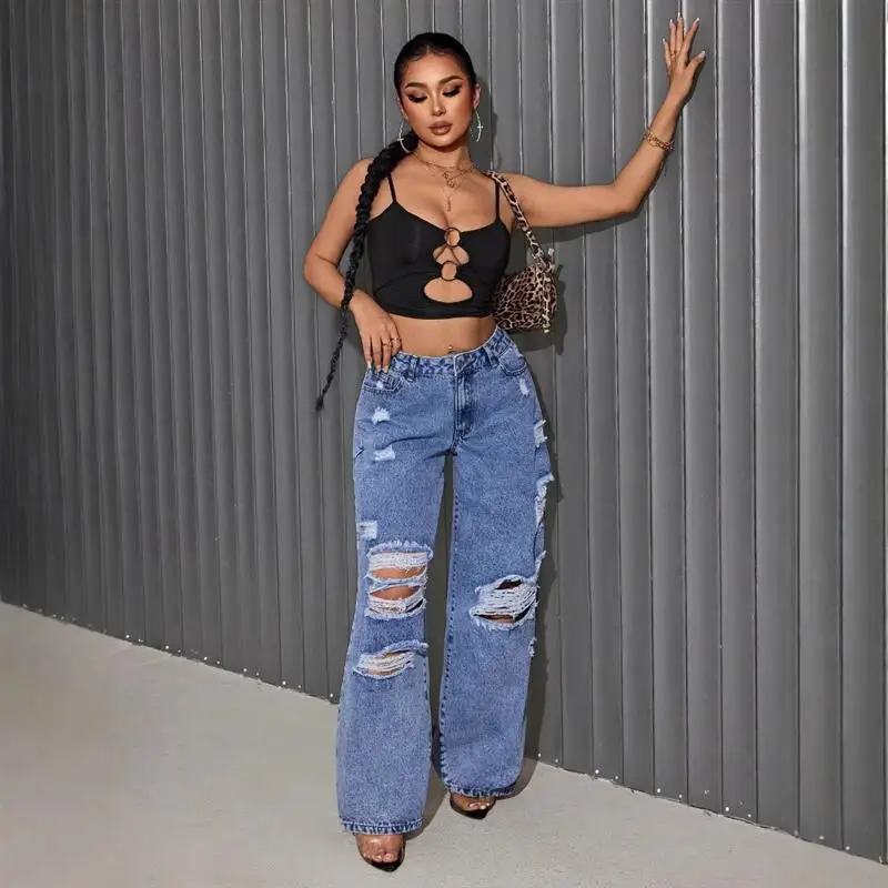 High Waist Loose Wideleg Denim Jeans Ripped Hole Hip Hop Style Blue Color Women's Loose Fit Trousers
High Waist Loose Wideleg Denim Jeans Ripped Hole Hip Hop Style Blue Color Women's Loose Fit Trousers
