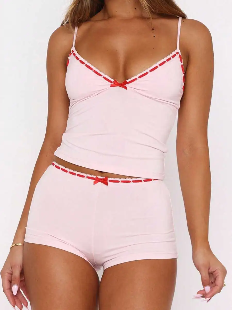 Women Pink Bow Decor V-Neck Sleeveless Cami Top And Shorts Sleepwear Set
Women Pink Bow Decor V-Neck Sleeveless Cami Top And Shorts Sleepwear Set