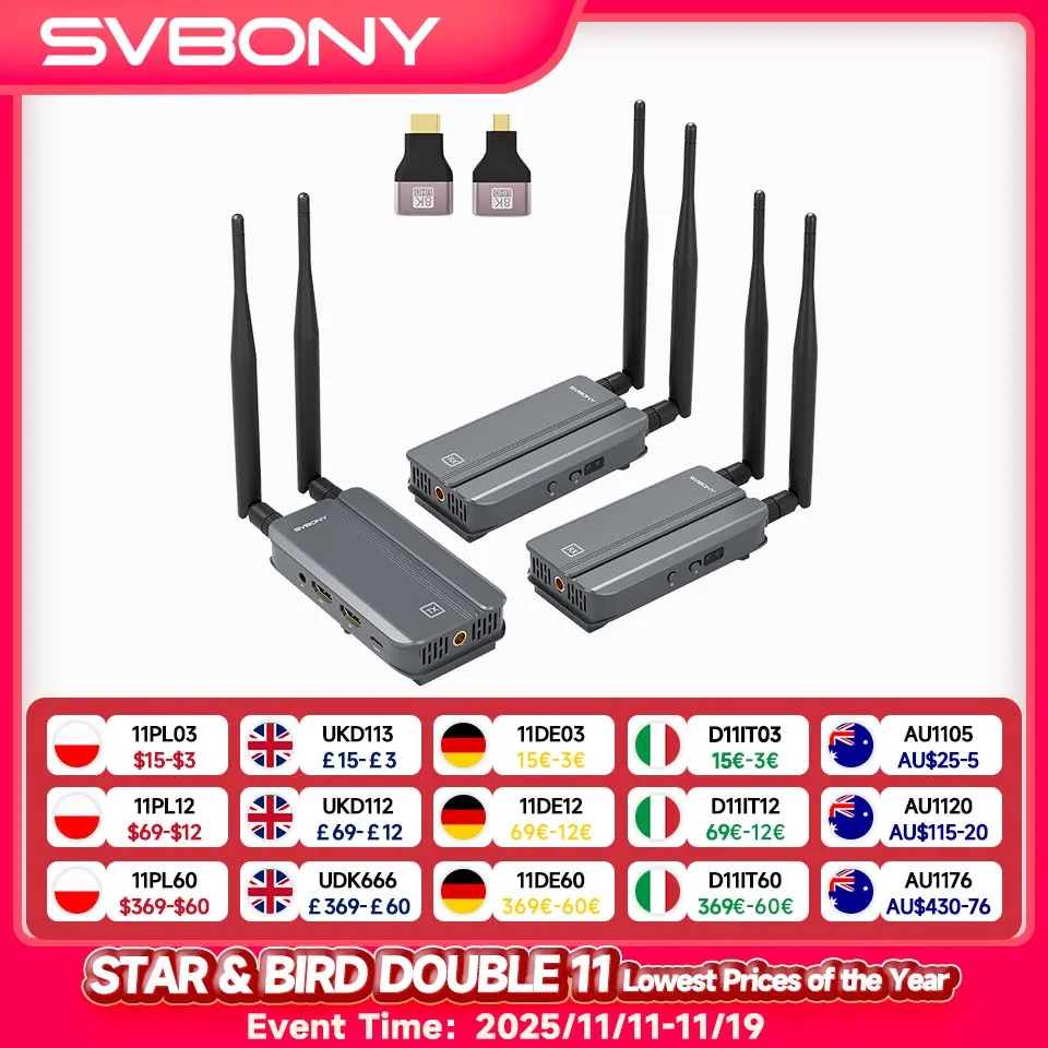 SVBONY TansAir3 Wireless Extender Kit 1080P HDMI Video Transmission System 1000ft Range Loop-Out for Gaming Company Meeting
SVBONY TansAir3 Wireless Extender Kit 1080P HDMI Video Transmission System 1000ft Range Loop-Out for Gaming Company Meeting