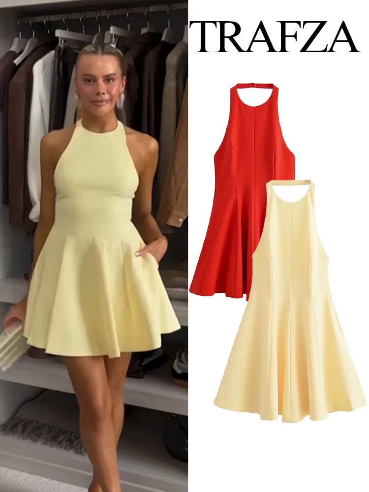TRAFZA Woman Summer Sexy Neck Halter Sleeveless Backless Chic Mini Dress Women New Fashion Rear Zipper Solid Beach Party Dress
TRAFZA Woman Summer Sexy Neck Halter Sleeveless Backless Chic Mini Dress Women New Fashion Rear Zipper Solid Beach Party Dress