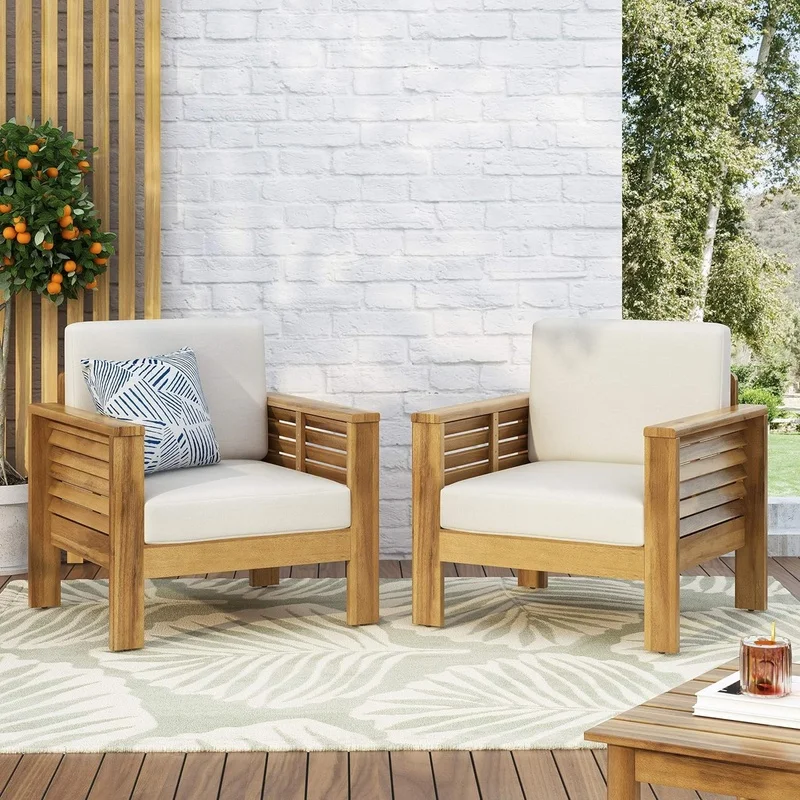 Outdoor Acacia Wood Club Chairs Set of 2 with Beige Cushions, 27.75"D x 32"W x 27.75"H
Outdoor Acacia Wood Club Chairs Set of 2 with Beige Cushions, 27.75"D x 32"W x 27.75"H