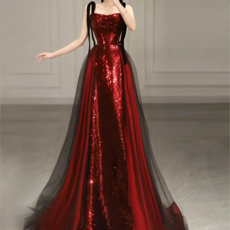 Wine red toasting dress light luxury banquet host temperament with small train new
Wine red toasting dress light luxury banquet host temperament with small train new