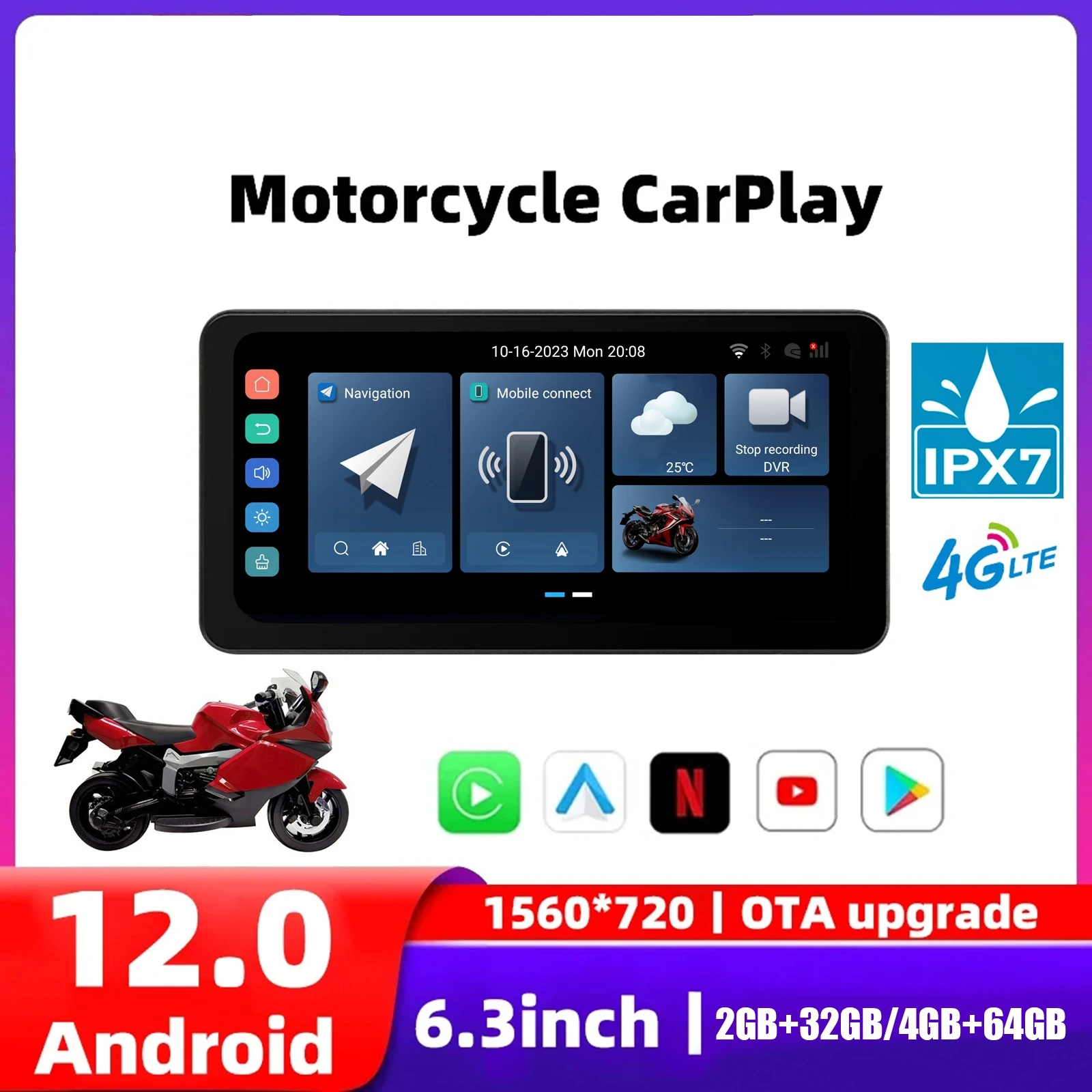6.3 Inch Motorcycle Navigator IPX7 Waterproof Motorcycle Wireless CarPlay Android Auto Dual Bluetooth Tire Pressure Display
6.3 Inch Motorcycle Navigator IPX7 Waterproof Motorcycle Wireless CarPlay Android Auto Dual Bluetooth Tire Pressure Display