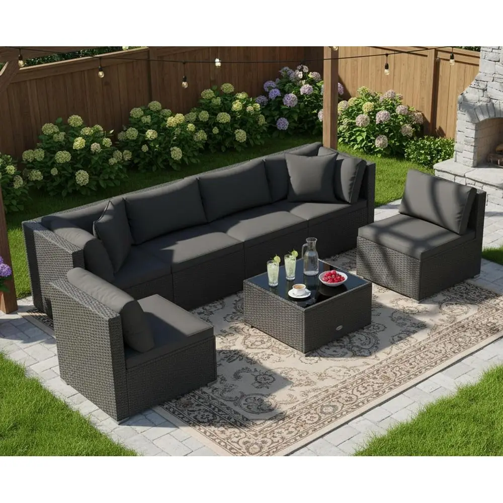 7-Piece Outdoor Wicker Patio Furniture Set with Cushions, Pillows, and Coffee Table for Backyard, Poolside, Deck, and Garden
7-Piece Outdoor Wicker Patio Furniture Set with Cushions, Pillows, and Coffee Table for Backyard, Poolside, Deck, and Garden