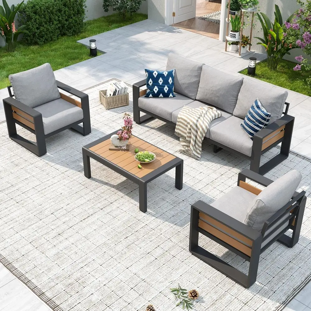 Aluminum Patio Furniture Set, 5 Seats Luxury Outdoor Sectional with 6 Olefin Fabric Cushions, Patio Conversation Sets with Coff
Aluminum Patio Furniture Set, 5 Seats Luxury Outdoor Sectional with 6 Olefin Fabric Cushions, Patio Conversation Sets with Coff