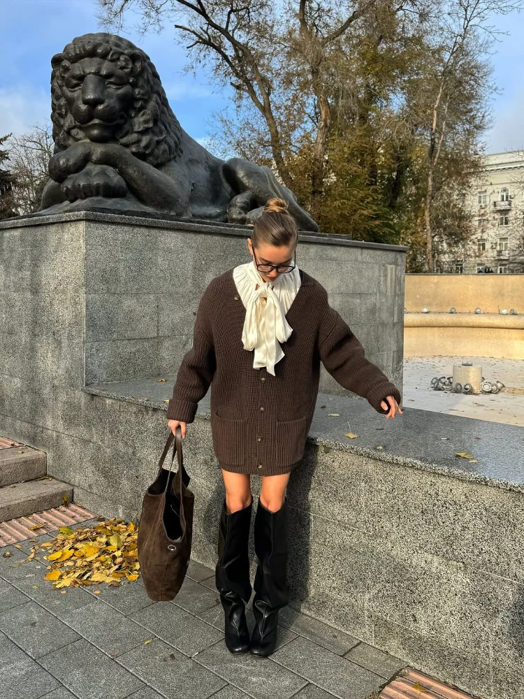 Модный женский повседневный коричневый вязаный кардиган миди с v-образным вырезом, однобортный свободный свитер средней длины с карманами, женские новые повседневные свитера
Модный женский повседневный коричневый вязаный кардиган миди с v-образным вырезом, однобортный свободный свитер средней длины с карманами, женские новые повседневные свитера