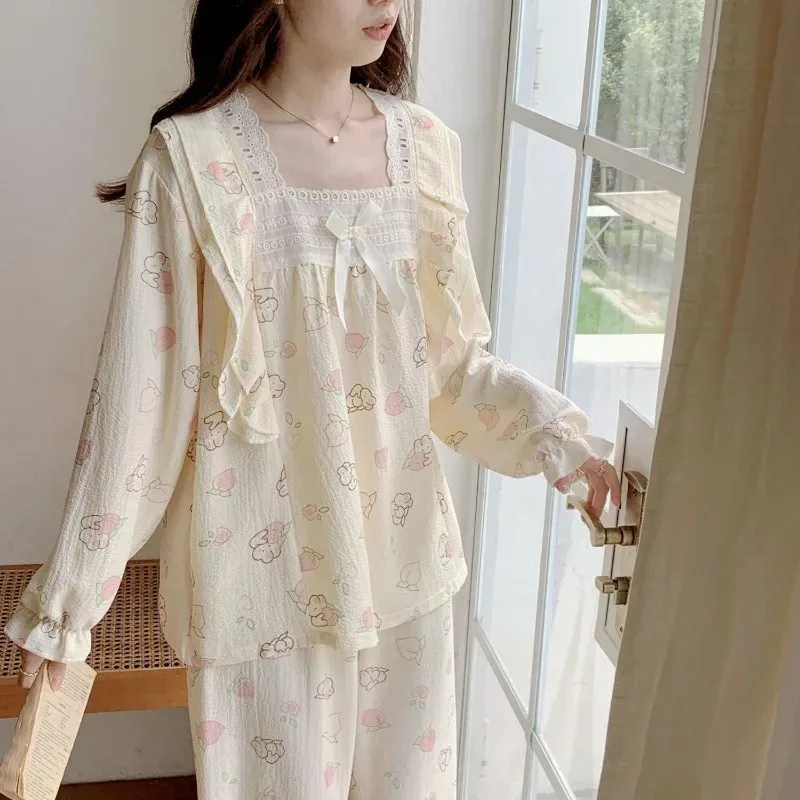 Pajamas Women Spring and Autumn Long Sleeve Trousers Square Collar Set Spring and Autumn Ladies Dormitory Sweet Lovely Home Wear
Pajamas Women Spring and Autumn Long Sleeve Trousers Square Collar Set Spring and Autumn Ladies Dormitory Sweet Lovely Home Wear