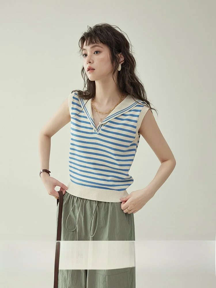 Casual Navy Collar Sleeveless Knitted Sweater Women Summer Versatile Slimming Top Blue Stripe AMUU North Island Polyester Nylon
Casual Navy Collar Sleeveless Knitted Sweater Women Summer Versatile Slimming Top Blue Stripe AMUU North Island Polyester Nylon
