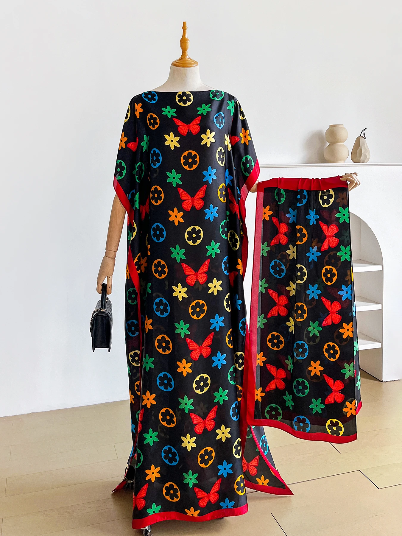 Colorful Butterfly Floral Print Satin Abaya Scarf Set, Loose Batwing Maxi Kaftan For Muslim Women Holiday Beach Daily Wear
Colorful Butterfly Floral Print Satin Abaya Scarf Set, Loose Batwing Maxi Kaftan For Muslim Women Holiday Beach Daily Wear