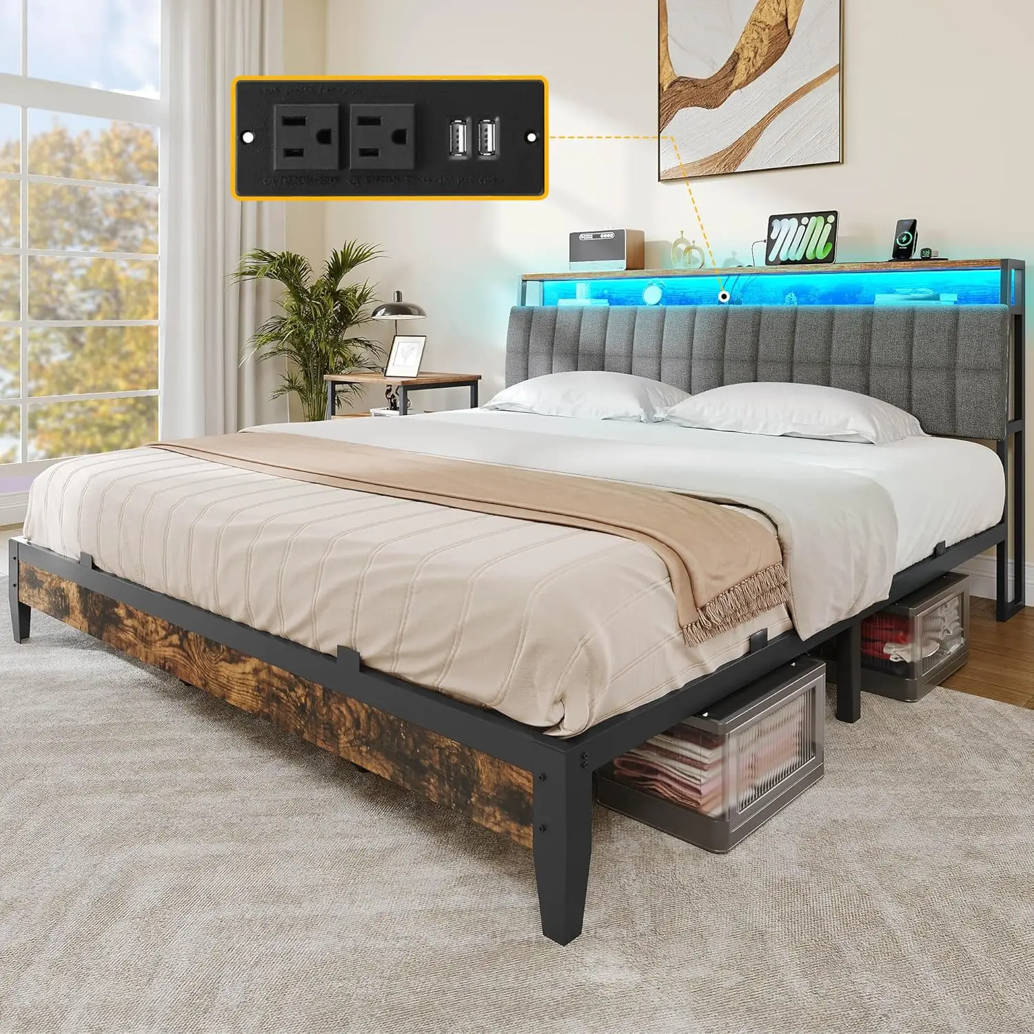 Каркас кровати размера «king-size» YITAHOME с зарядной станцией, двухуровневое изголовье для хранения вещей со светодиодной подсветкой RGB, кровать-платформа с обивкой из льна
Каркас кровати размера «king-size» YITAHOME с зарядной станцией, двухуровневое изголовье для хранения вещей со светодиодной подсветкой RGB, кровать-платформа с обивкой из льна