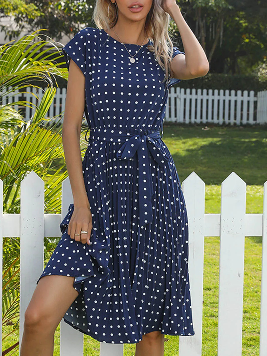 Women Multi Color Polka Dot Round Neck Midi Dress Cap Sleeve Tied Waist Pleated A Line Beach Vacation Summer Outfits
Women Multi Color Polka Dot Round Neck Midi Dress Cap Sleeve Tied Waist Pleated A Line Beach Vacation Summer Outfits