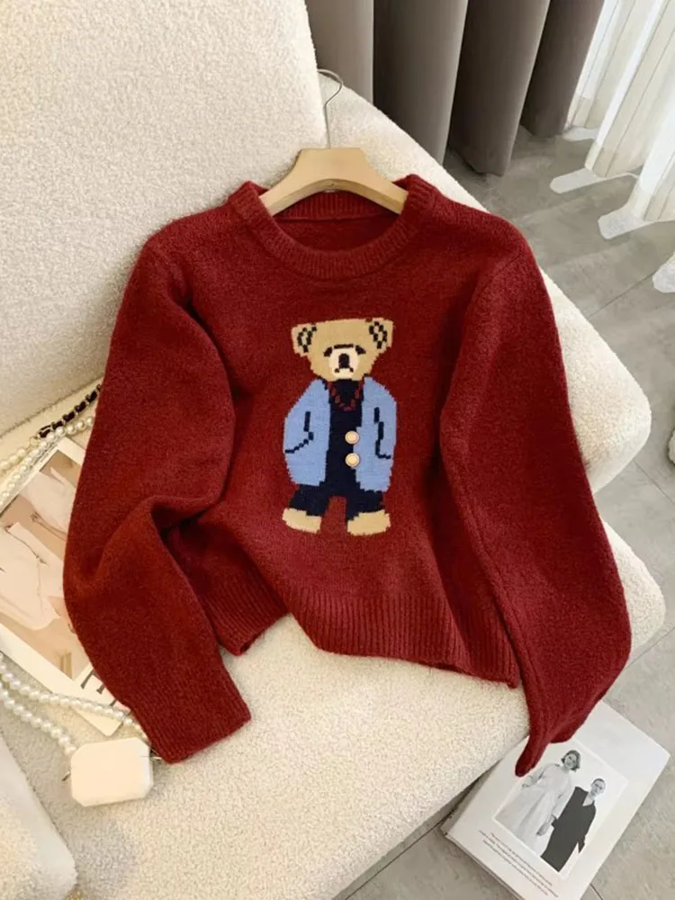 Кашемировый свитер для женщин, новинка 2025 года, осень-зима, корейский стиль, модные пуловеры с длинными рукавами и рисунком медведя, вязаные свитера для женщин 
Кашемировый свитер для женщин, новинка 2025 года, осень-зима, корейский стиль, модные пуловеры с длинными рукавами и рисунком медведя, вязаные свитера для женщин