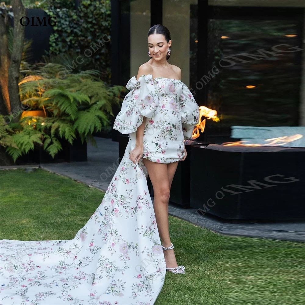 OIMG Fairy Floral Chiffon Print Short Prom Dresses Strapless Long Sleeves With Train Sweet Wedding Party Dress Gowns 2023
OIMG Fairy Floral Chiffon Print Short Prom Dresses Strapless Long Sleeves With Train Sweet Wedding Party Dress Gowns 2023