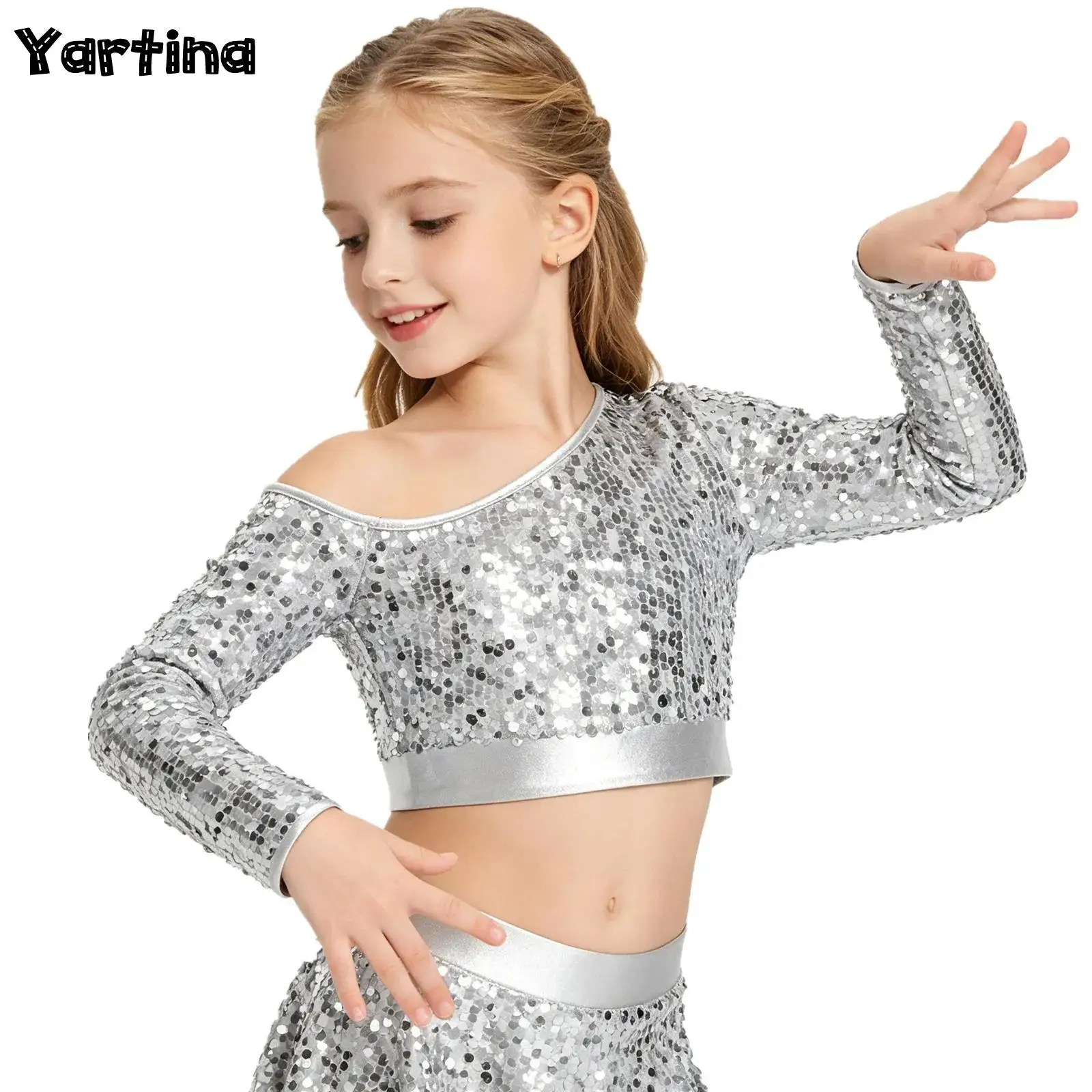 Kids Girls Hip Hop Jazz Dance Tops Performance Costume One Shoulder Long Sleeve Sequins Crop Top for Latin Dance Competition
Kids Girls Hip Hop Jazz Dance Tops Performance Costume One Shoulder Long Sleeve Sequins Crop Top for Latin Dance Competition