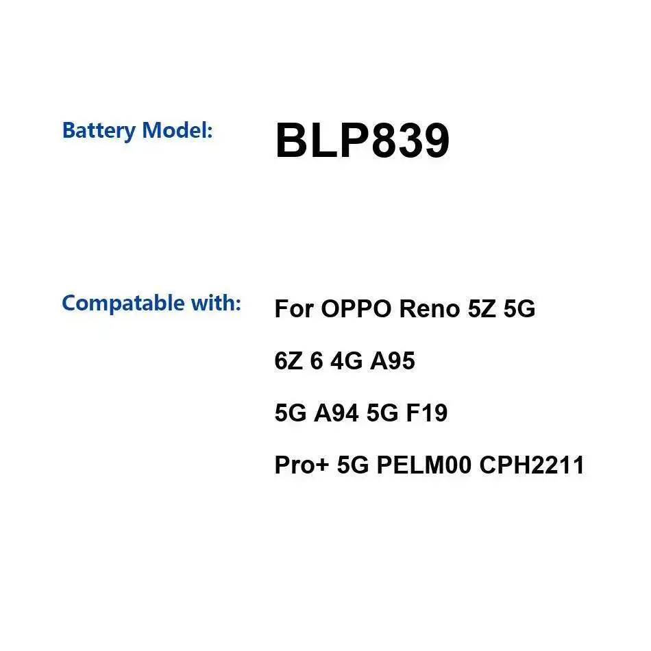 Аккумулятор мобильного телефона BLP839 4310 мАч для Oppo Reno 5Z 5G 6Z 6 4G A95 A94 F19 Pro+ PELM00 CPH2211
Аккумулятор мобильного телефона BLP839 4310 мАч для Oppo Reno 5Z 5G 6Z 6 4G A95 A94 F19 Pro+ PELM00 CPH2211