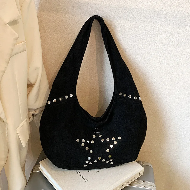 Ретро Y2k со звездами и заклепками, декор, сумки подмышки, женская большая вместительная замшевая сумка в стиле панк, модная зимняя пригородная сумка на плечо для хранения
Ретро Y2k со звездами и заклепками, декор, сумки подмышки, женская большая вместительная замшевая сумка в стиле панк, модная зимняя пригородная сумка на плечо для хранения