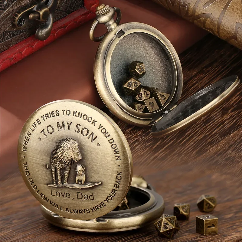 Vintage 7Pcs/set Metal Dice Role Play Entertainment Gaming Dices with To My Son Love Dad Design Pocket Watch Case Pendant Chain
Vintage 7Pcs/set Metal Dice Role Play Entertainment Gaming Dices with To My Son Love Dad Design Pocket Watch Case Pendant Chain