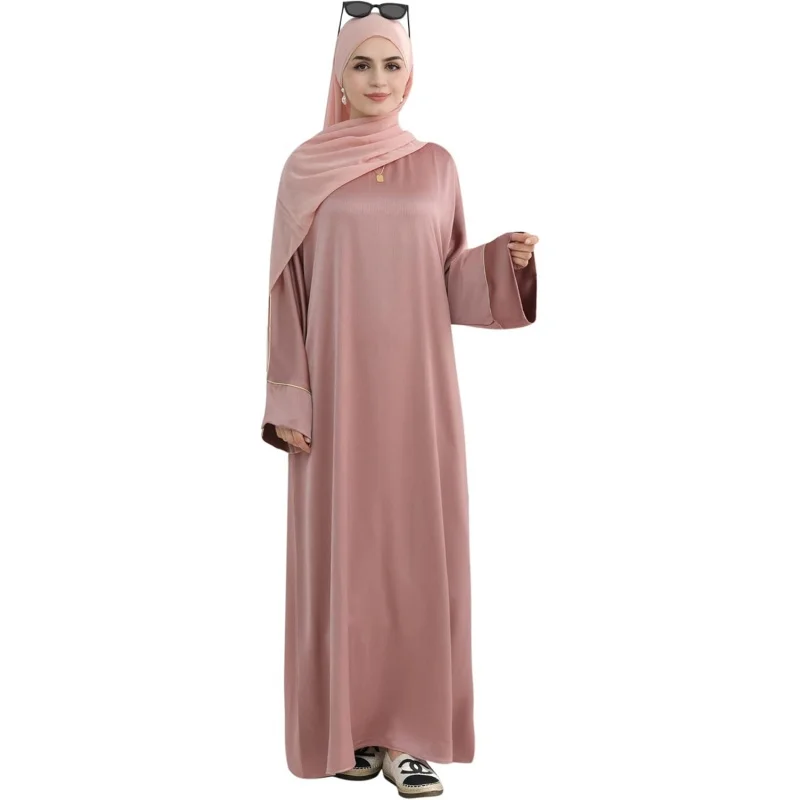 Muslim Praying Dress for Women Silk Glossy Back Zipper Robe Wear Gold Trim Modest Abaya Dress with Hijab
Muslim Praying Dress for Women Silk Glossy Back Zipper Robe Wear Gold Trim Modest Abaya Dress with Hijab