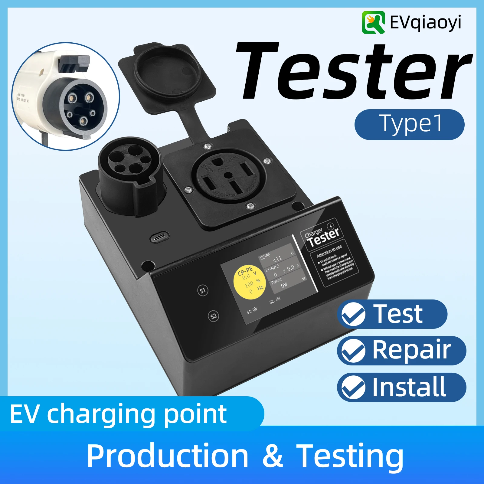 EVqiaoyi Portable Type 1 EV Charger Tester SAE J1772 with Resistive Load Function for Charging Pile Installation Testing
EVqiaoyi Portable Type 1 EV Charger Tester SAE J1772 with Resistive Load Function for Charging Pile Installation Testing