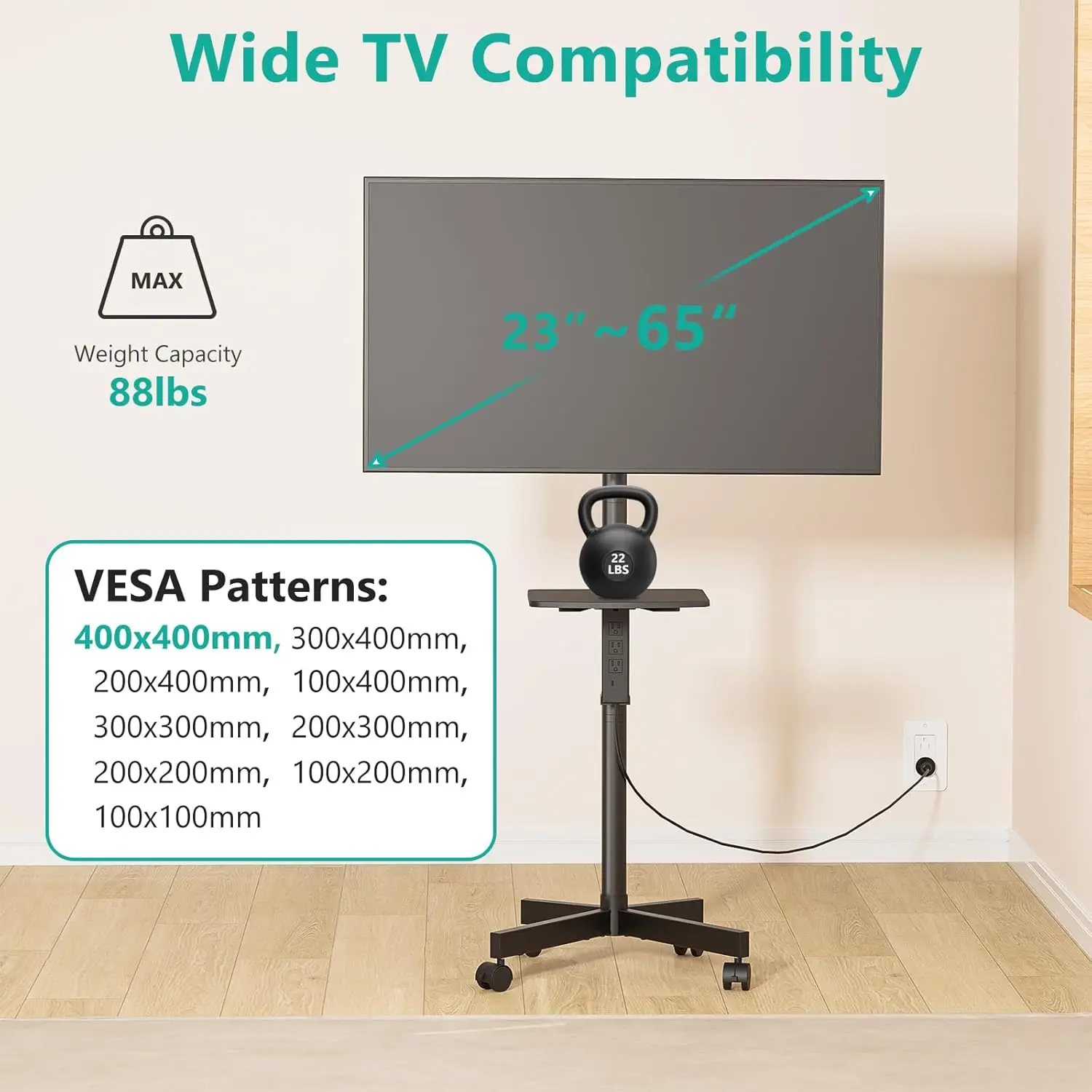 Wali Mobile Tv Stand With Power Outlet, Tv Cart For 23-65 Inch Tvs Up To 88Lbs, Portable Rolling Tv Stand On Wheels With Height
Wali Mobile Tv Stand With Power Outlet, Tv Cart For 23-65 Inch Tvs Up To 88Lbs, Portable Rolling Tv Stand On Wheels With Height