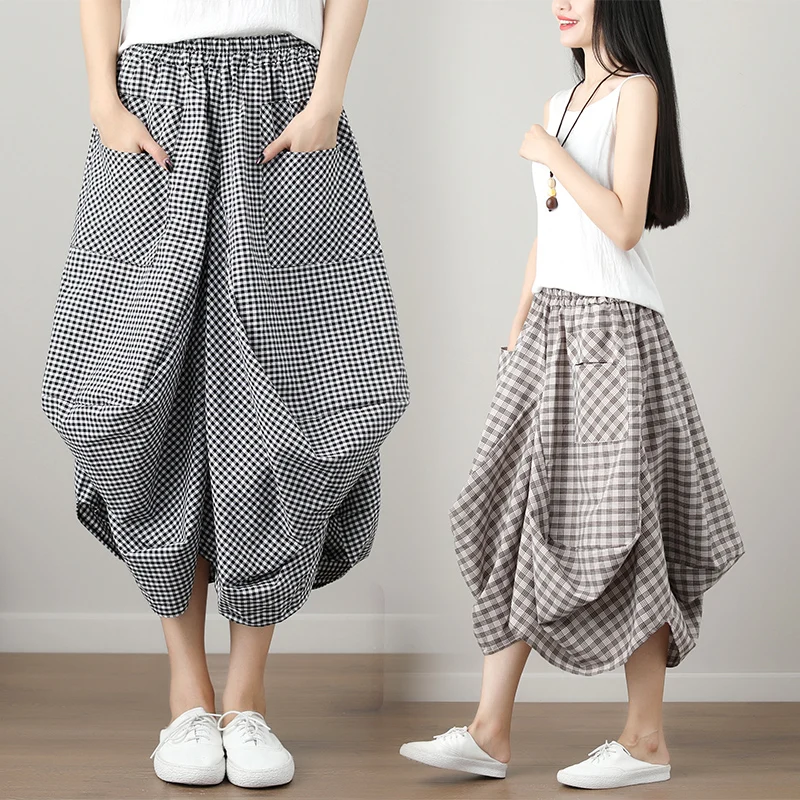 High Waist Midi Plaid Cotton Linen Skirt Women's Spring Summer Loose plus Size A-Line f Body Lantern Skirt Pants
High Waist Midi Plaid Cotton Linen Skirt Women's Spring Summer Loose plus Size A-Line f Body Lantern Skirt Pants
