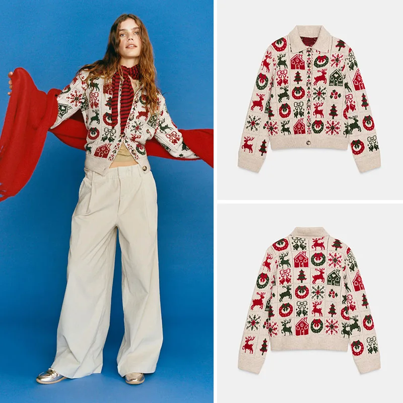 Christmas Motif Knitted Long Sleeve Coat with Foldover Collar for Women Winter 2025 New Arrival Ladies Fashion Outerwear
Christmas Motif Knitted Long Sleeve Coat with Foldover Collar for Women Winter 2025 New Arrival Ladies Fashion Outerwear
