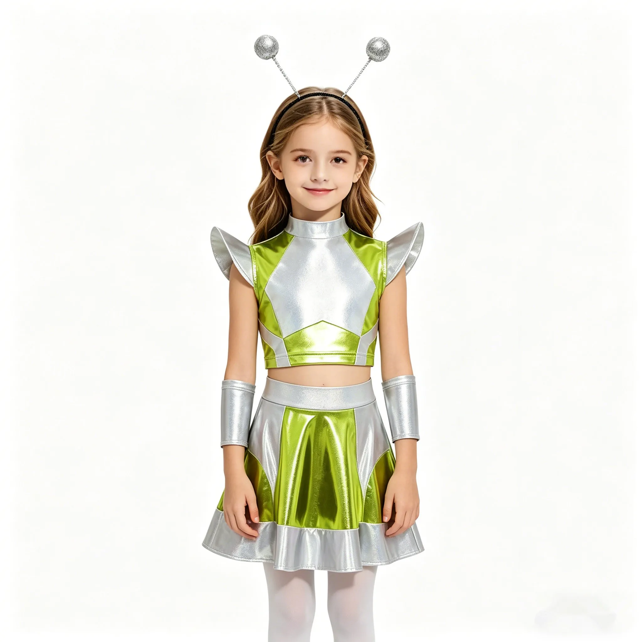 Kids Girl Halloween Outer Space Cutie Alien Costume Metallic Shiny Crop Top with Skirt Sleeves Hair Hoop Robot Astronaut Clothes
Kids Girl Halloween Outer Space Cutie Alien Costume Metallic Shiny Crop Top with Skirt Sleeves Hair Hoop Robot Astronaut Clothes