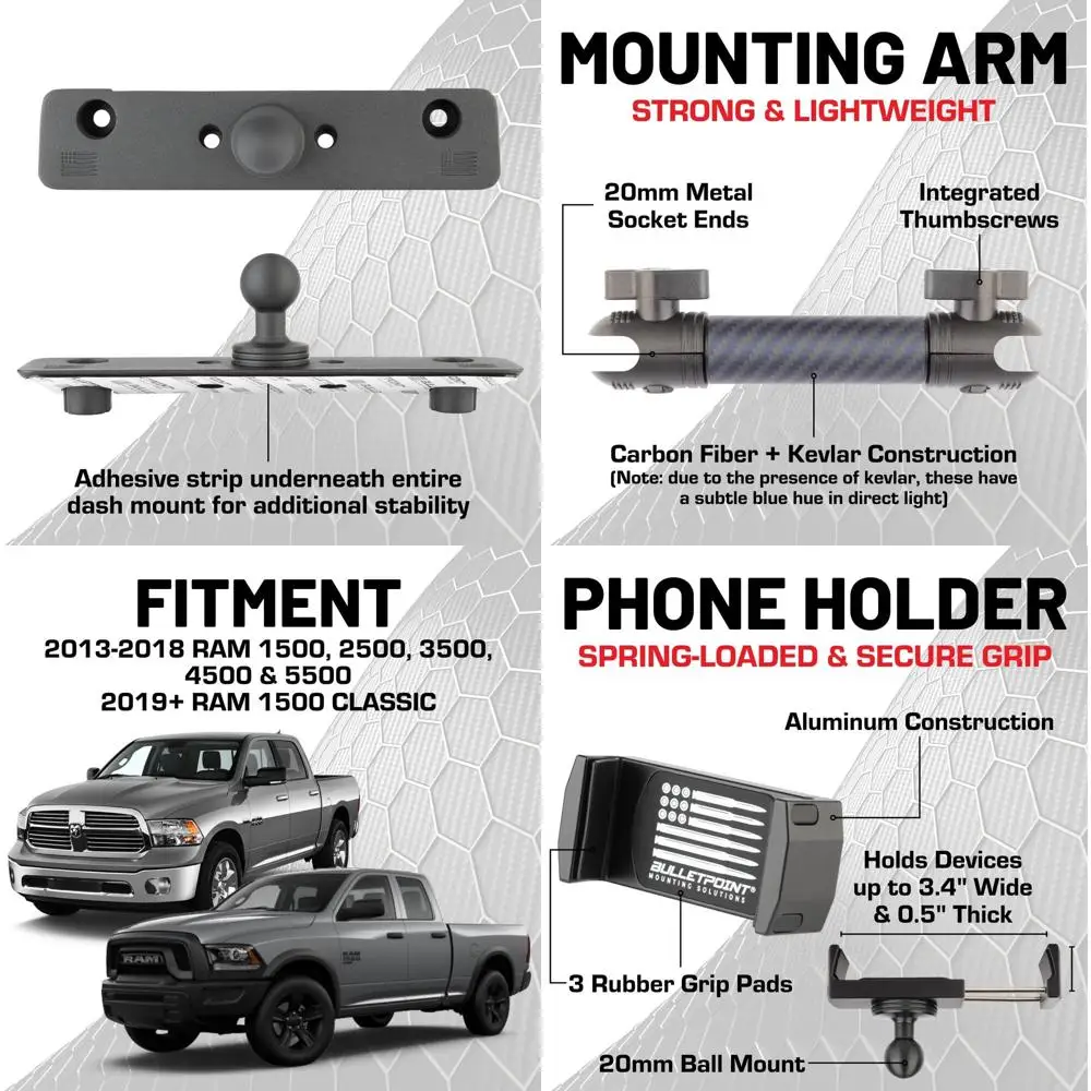 Dash Mount Cell Phone Holder Compatible with 2013-2018 RAM Truck & 2019+ RAM 1500 Classic 20mm Ball Mount - Compatible with iPho
Dash Mount Cell Phone Holder Compatible with 2013-2018 RAM Truck & 2019+ RAM 1500 Classic 20mm Ball Mount - Compatible with iPho