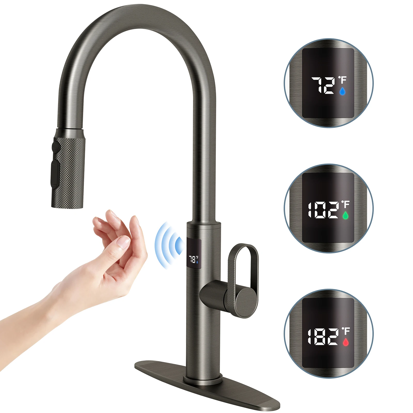 MASO Touchless Kitchen Faucet, Pull-Down Sprayer, 3 Spray Modes, Temp Display °F, 360° Swivel, Brushed Gray
MASO Touchless Kitchen Faucet, Pull-Down Sprayer, 3 Spray Modes, Temp Display °F, 360° Swivel, Brushed Gray