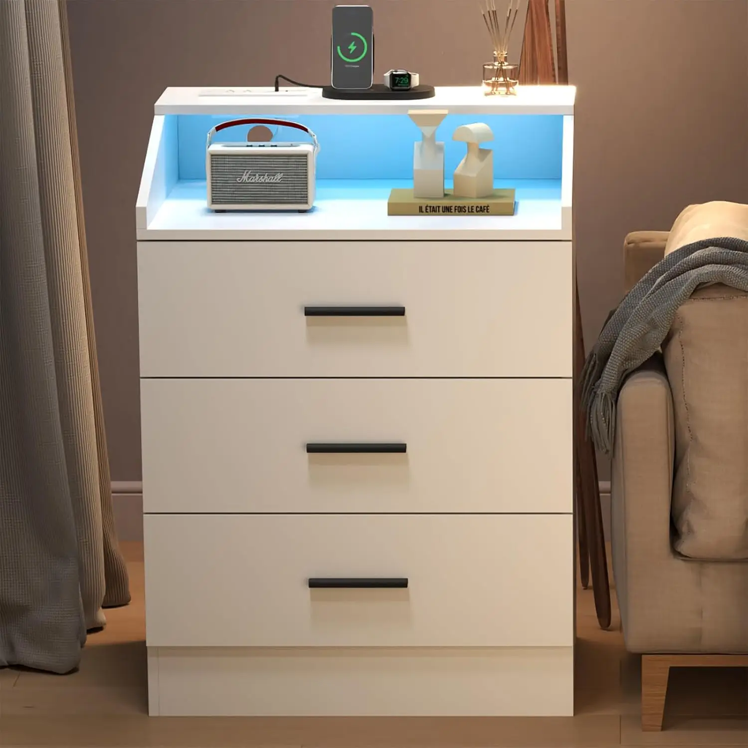 Nightstand With Charging Station And LED Lights, White Nightstand With Drawers, End Side Table With Open Storage, Customized
Nightstand With Charging Station And LED Lights, White Nightstand With Drawers, End Side Table With Open Storage, Customized