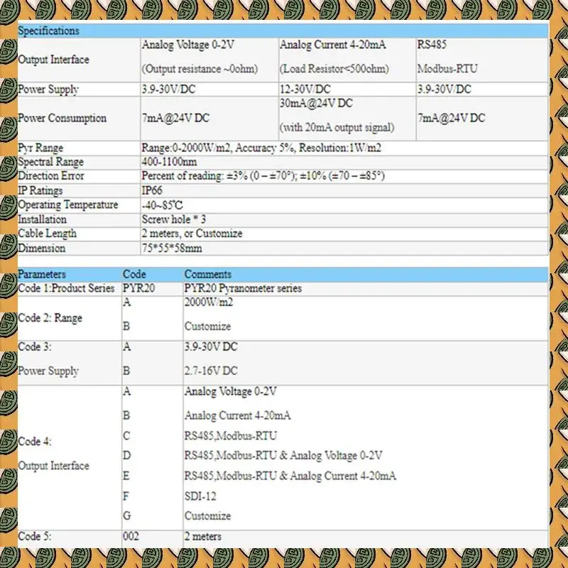 A77I PYR20 Solar Radiation/Pyranometer Sensor
A77I PYR20 Solar Radiation/Pyranometer Sensor