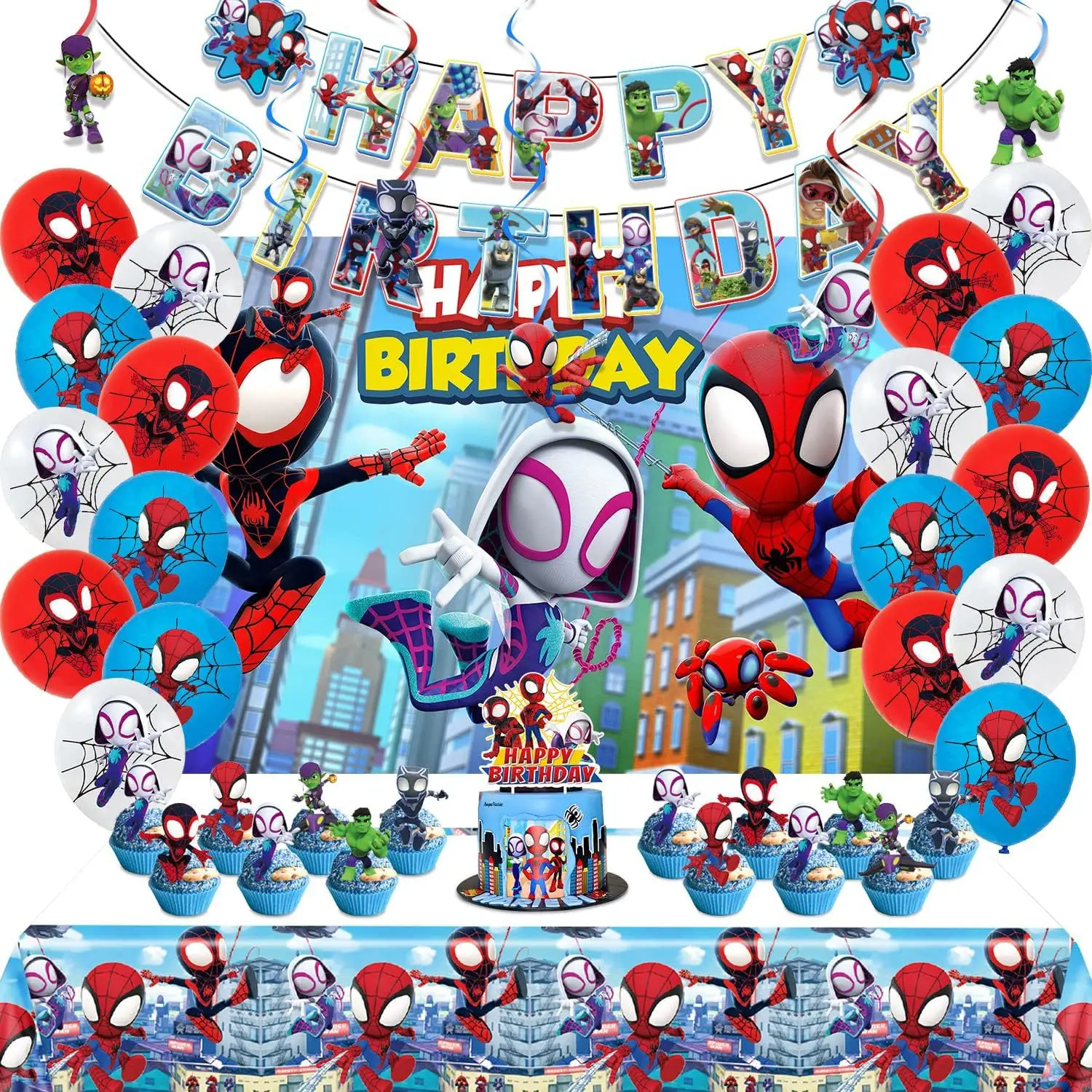 Spiderman themed party decoration, birthday flag raising cake, branded balloon set
Spiderman themed party decoration, birthday flag raising cake, branded balloon set