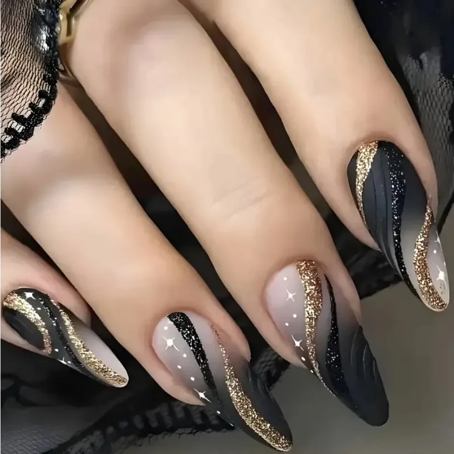 24 pieces of black and gold gradual change glitter wavy pattern medium and long pointed nail high sense white temperament wear nail fake nail patch
24 pieces of black and gold gradual change glitter wavy pattern medium and long pointed nail high sense white temperament wear nail fake nail patch